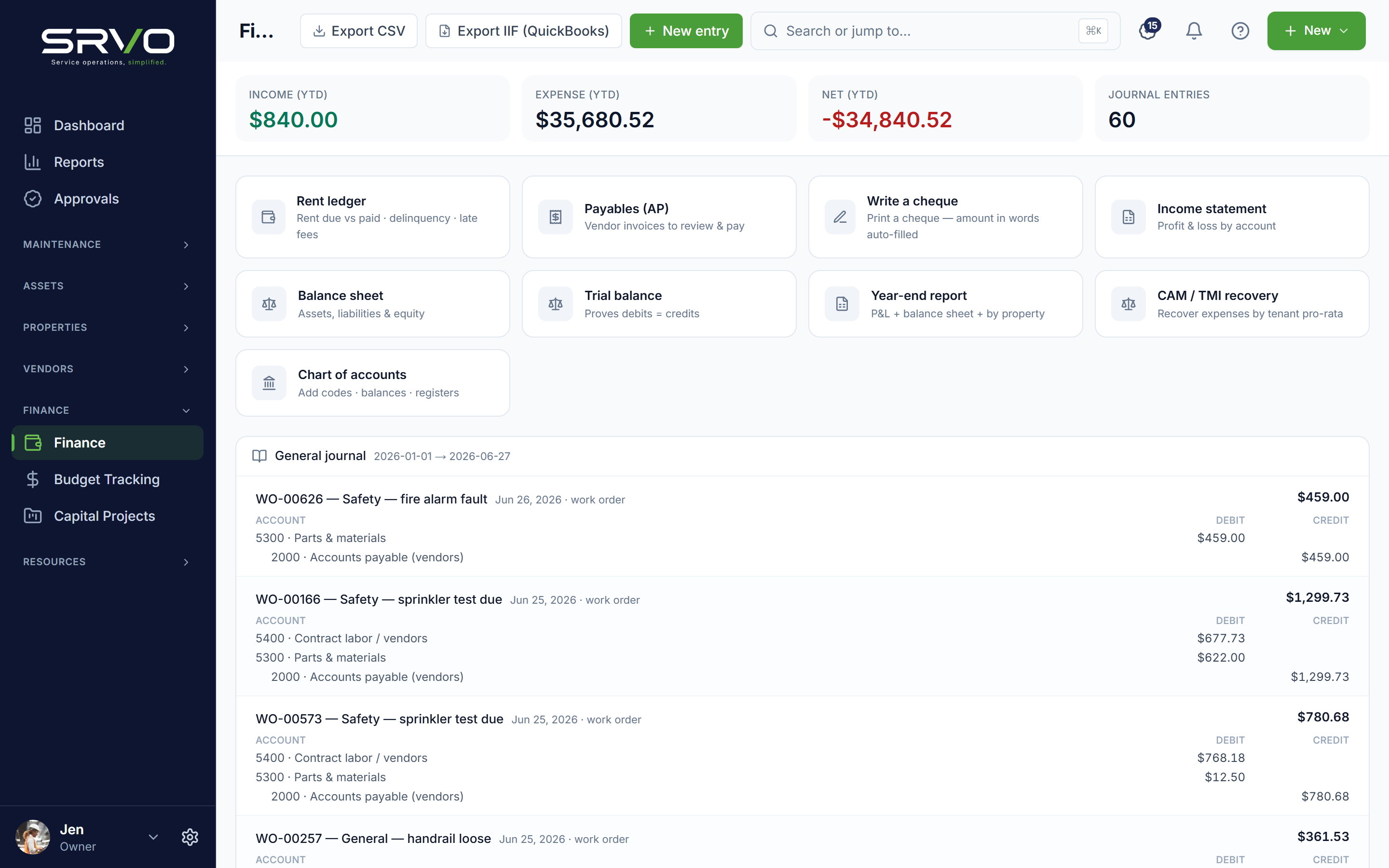SRVO finance — a real double-entry ledger with income, expense, and net