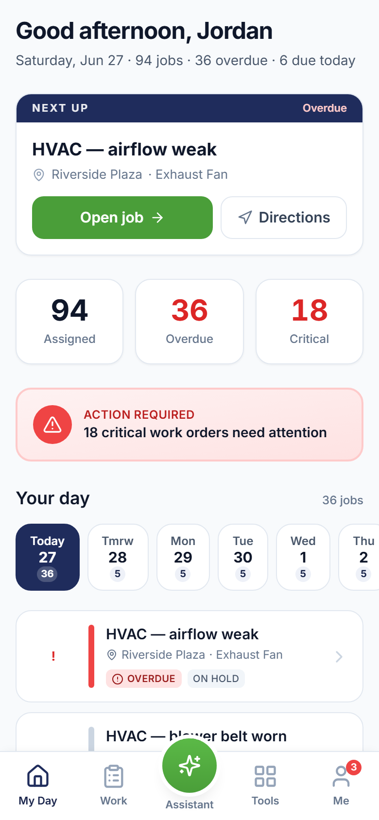 SRVO technician app — My Day work orders on a phone